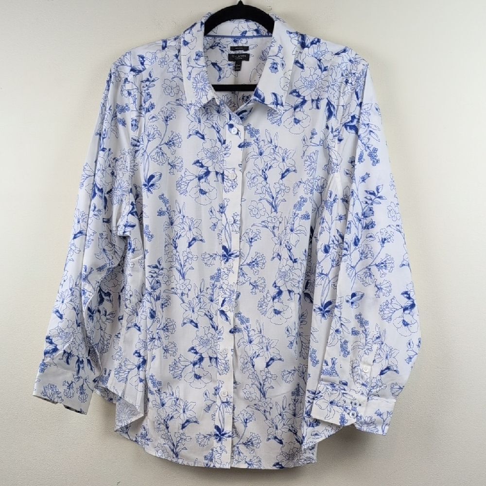 Talbot's Plus Petite Non-Iron Blue & White Floral Button Front Blouse NWOT